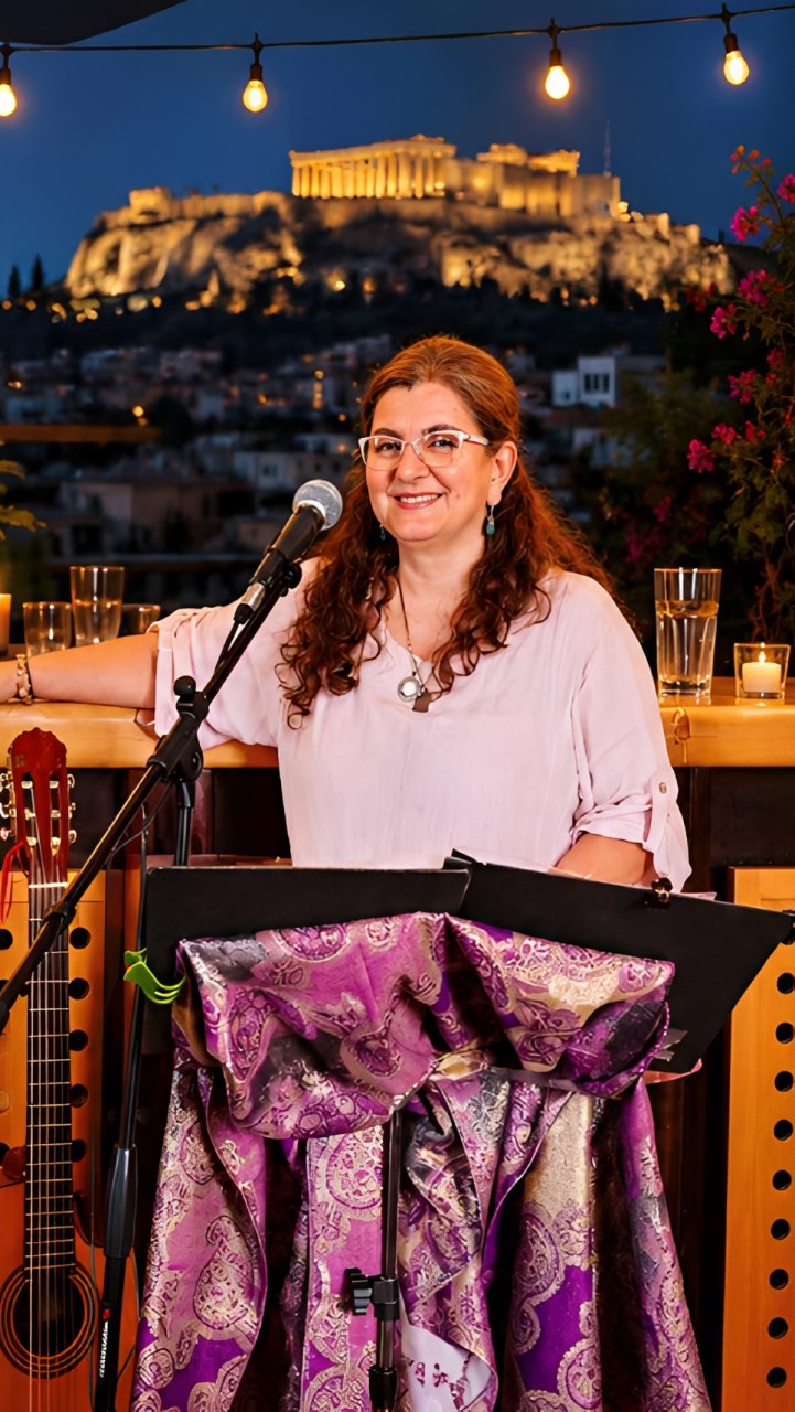 Eliane Bastos cantando, com a Acrópole de Atenas ao fundo